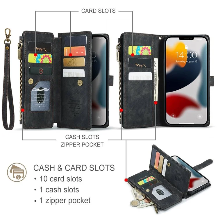 Caseme C30 Series Для Iphone 13 Pro Max 6,7 Дюйма Drop-proof Pocket Pocket Wallet Case Function Function PU - Черный