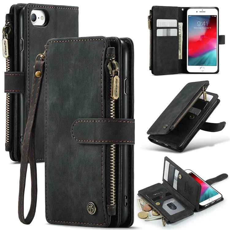 CASEME C30 Series para iPhone 6/7/8 de 4.7 pulgadas/SE (2020)/(2022) Funda de billetera de protección completa con cremallera y bolsillo, de piel sintética anti-arañazos - Negro