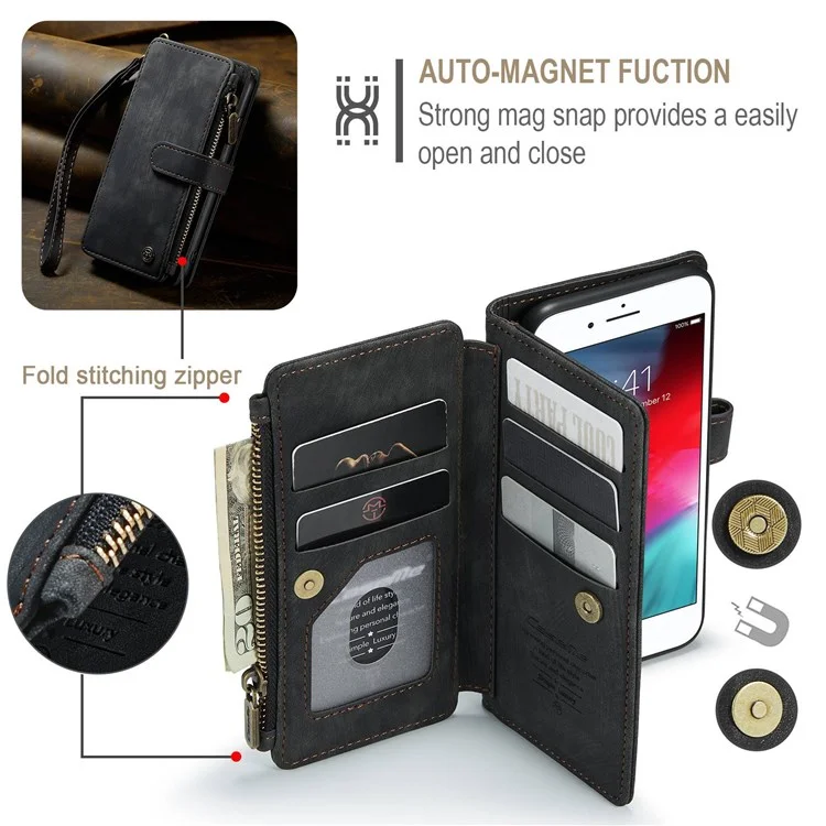 CASEME C30 Series para iPhone 6/7/8 de 4.7 pulgadas/SE (2020)/(2022) Funda de billetera de protección completa con cremallera y bolsillo, de piel sintética anti-arañazos - Negro