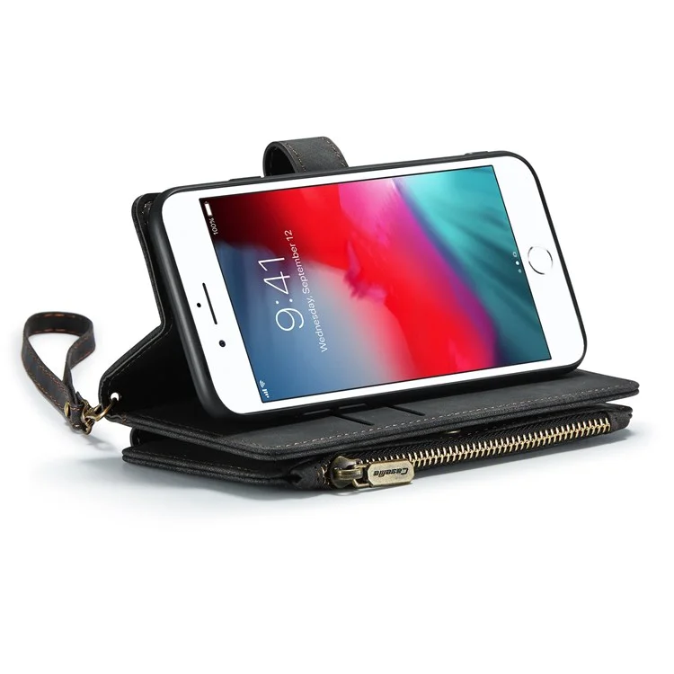 CASEME C30 Series para iPhone 6/7/8 de 4.7 pulgadas/SE (2020)/(2022) Funda de billetera de protección completa con cremallera y bolsillo, de piel sintética anti-arañazos - Negro
