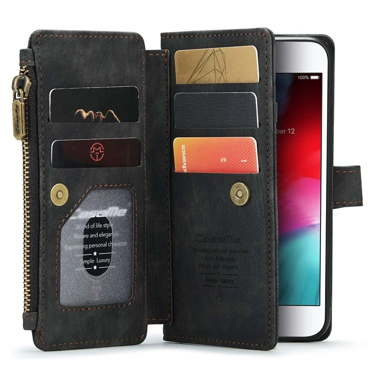 CASEME C30 Series para iPhone 6/7/8 de 4.7 pulgadas/SE (2020)/(2022) Funda de billetera de protección completa con cremallera y bolsillo, de piel sintética anti-arañazos - Negro
