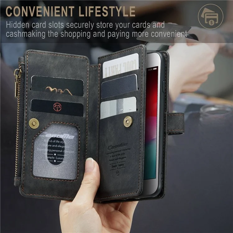 CASEME C30 Series para iPhone 6/7/8 de 4.7 pulgadas/SE (2020)/(2022) Funda de billetera de protección completa con cremallera y bolsillo, de piel sintética anti-arañazos - Negro
