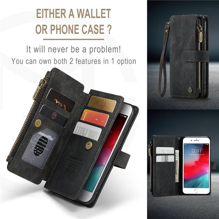 CASEME C30 Series para iPhone 6/7/8 de 4.7 pulgadas/SE (2020)/(2022) Funda de billetera de protección completa con cremallera y bolsillo, de piel sintética anti-arañazos - Negro