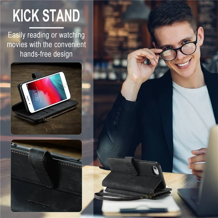 CASEME C30 Series para iPhone 6/7/8 de 4.7 pulgadas/SE (2020)/(2022) Funda de billetera de protección completa con cremallera y bolsillo, de piel sintética anti-arañazos - Negro