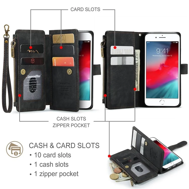CASEME C30 Series para iPhone 6/7/8 de 4.7 pulgadas/SE (2020)/(2022) Funda de billetera de protección completa con cremallera y bolsillo, de piel sintética anti-arañazos - Negro
