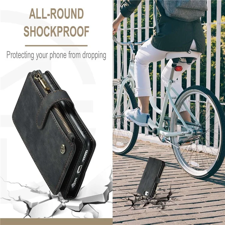CASEME C30 Series para iPhone 6/7/8 de 4.7 pulgadas/SE (2020)/(2022) Funda de billetera de protección completa con cremallera y bolsillo, de piel sintética anti-arañazos - Negro