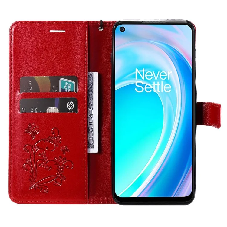 KT Leather Series-2 per OnePlus Nord CE 2 Lite 5G Anti-impronta digitale Farfalla Impresso Custodia per Telefono in Pelle PU Stand Cover - Rosso