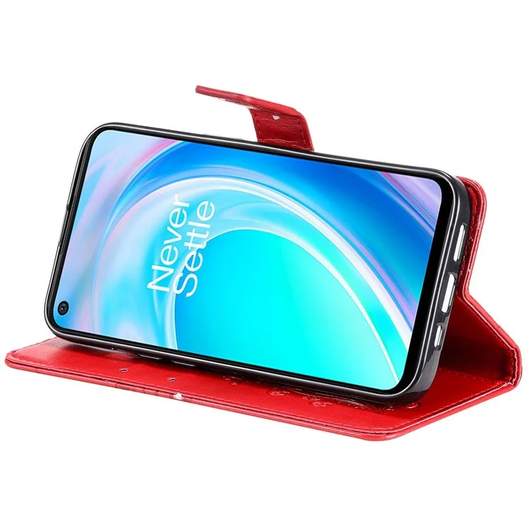 KT Leather Series-2 per OnePlus Nord CE 2 Lite 5G Anti-impronta digitale Farfalla Impresso Custodia per Telefono in Pelle PU Stand Cover - Rosso