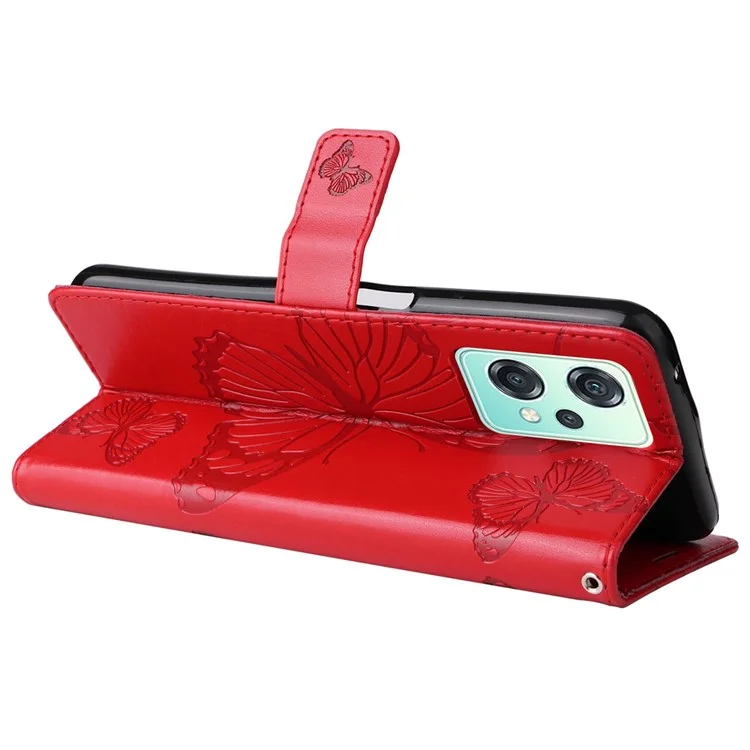 KT Leather Series-2 per OnePlus Nord CE 2 Lite 5G Anti-impronta digitale Farfalla Impresso Custodia per Telefono in Pelle PU Stand Cover - Rosso