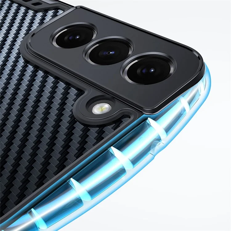 XUNDD Carbon Fiber Texture Case for Samsung Galaxy S22+ 5G, Reinforced Four Corner Hard Acrylic Soft TPU Matte Shell with Integrated Camera Cover - Black