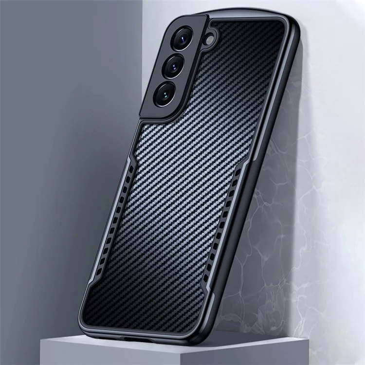 XUNDD Carbon Fiber Texture Case for Samsung Galaxy S22+ 5G, Reinforced Four Corner Hard Acrylic Soft TPU Matte Shell with Integrated Camera Cover - Black