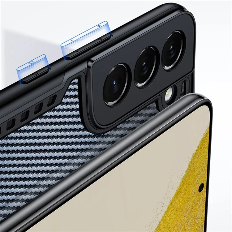 XUNDD Carbon Fiber Texture Case for Samsung Galaxy S22+ 5G, Reinforced Four Corner Hard Acrylic Soft TPU Matte Shell with Integrated Camera Cover - Black
