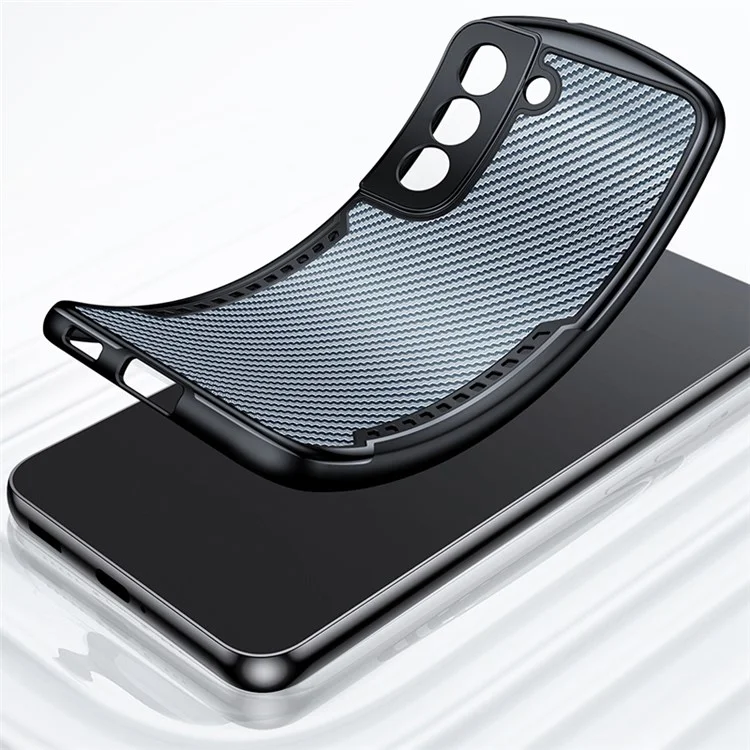 XUNDD Carbon Fiber Texture Case for Samsung Galaxy S22+ 5G, Reinforced Four Corner Hard Acrylic Soft TPU Matte Shell with Integrated Camera Cover - Black