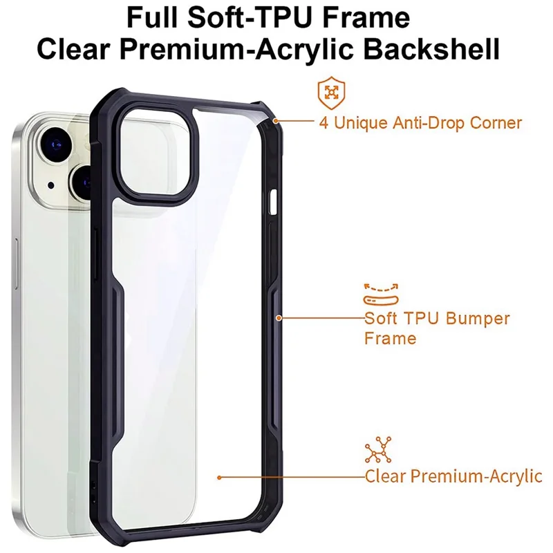 XUNDD for iPhone 13 6.1 inch Scratch-resistant Anti-fall Precise Cutouts Soft Phone Cover Acrylic + TPU Airbag Anti-drop Case - Black