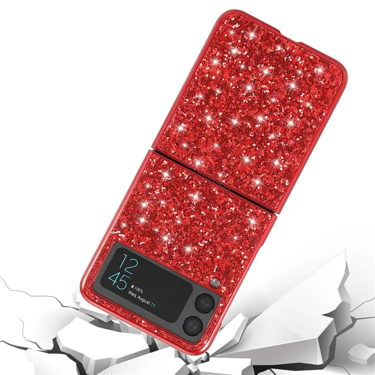 For Samsung Galaxy Z Flip4 5G Glitter Sparkling Case Electroplating TPU Frame Hard PC Back Anti-Slip Protective Cover - Red