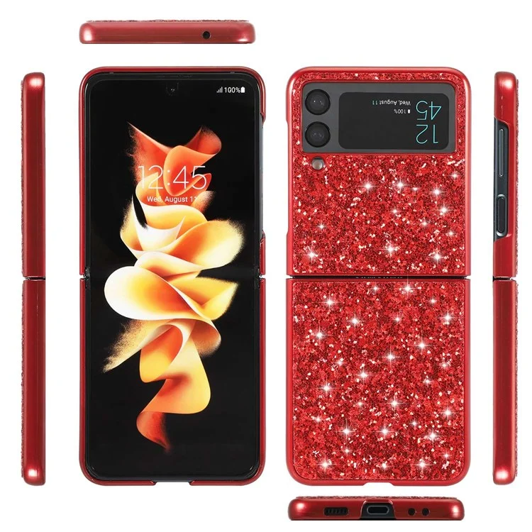 Für Samsung Galaxy Z Flip4 5G Glitter Sparkling Case Electroplating TPU-Rahmen Harte PC-Rückseite Rutschfester Schutzüberzug - Rot
