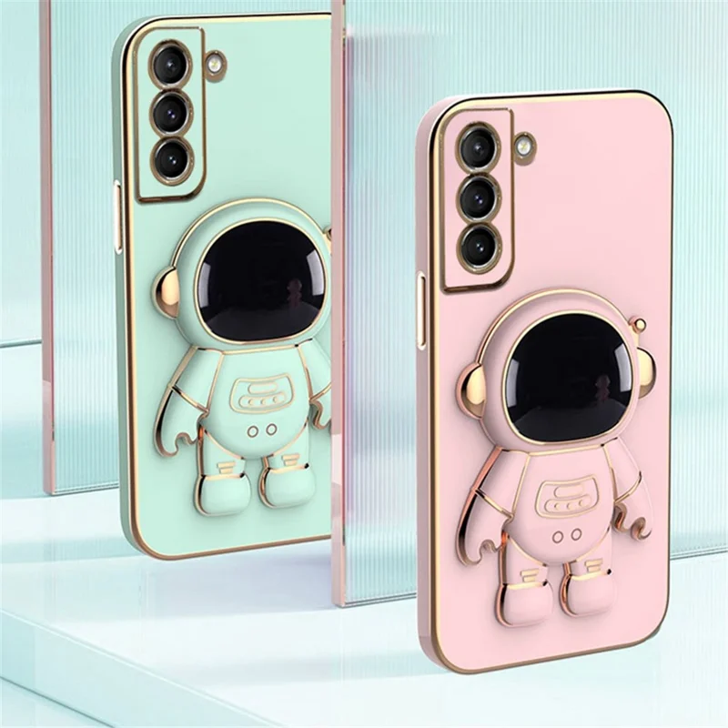 For Samsung Galaxy S22 5G Electroplating Astronaut Kickstand TPU Case Anti-drop Phone Shell - White