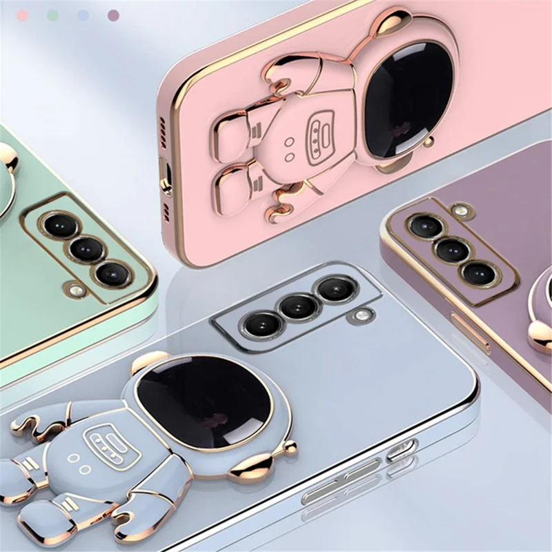 For Samsung Galaxy S22 5G Electroplating Astronaut Kickstand TPU Case Anti-drop Phone Shell - White
