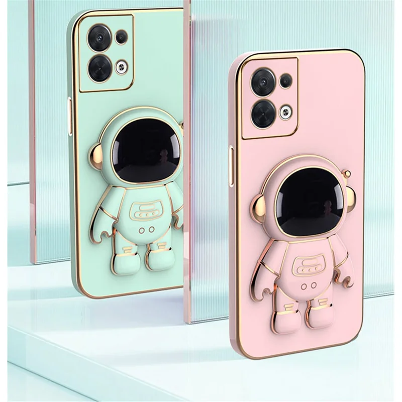 Astronaut Kickstand TPU Cover for Oppo Reno8 5G / Reno8 5G (Global Version), Electroplating Edge Shockproof Phone Case Protector - Purple