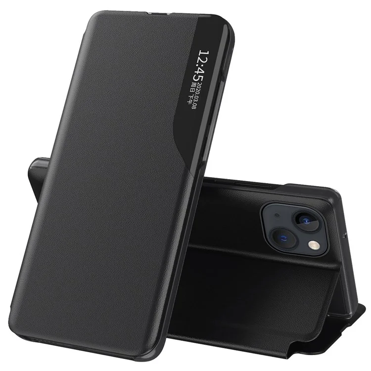 For iPhone 14 6.1 inch Clear View Window Leather Flip Phone Case Stand Anti-scratch Protective Phone Cover - Black