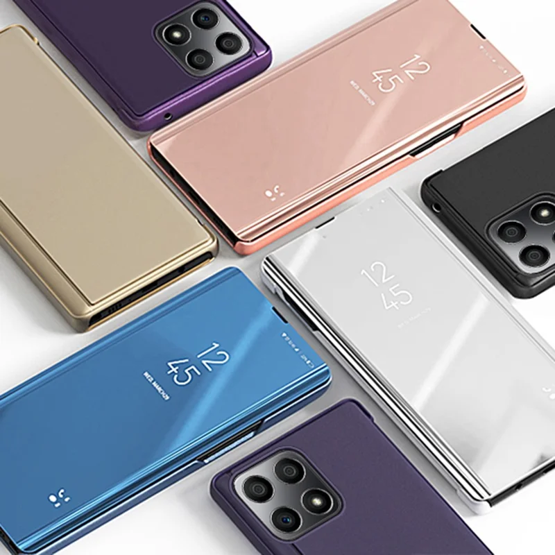 For Honor X8 4G / X30i Drop Resistant Foldable Stand Design PU Leather Case View Window Electroplate Mirror Phone Shell - Gold