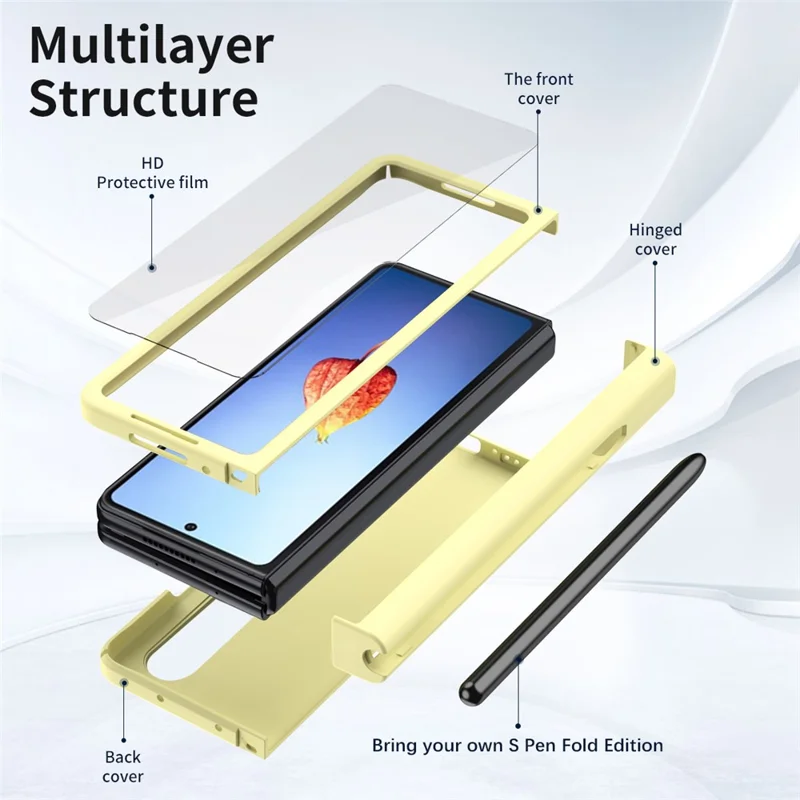 Para Samsung Galaxy Z Fold4 5G Hard PC Bisagra Diseño de la Caja Del Teléfono Cubierta a Prueba de Gota Con Protector de Pantalla de Vidrio Templado + Lápiz Lápida - Amarillo