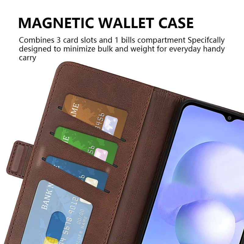 Caixa de Telefone Para Xiaomi Poco M4 5G, Coloque Magnético Duplo Tampa de Couro Texturizada Com Carteira - Castanho