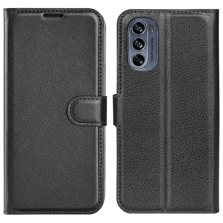 Wallet Cell Phone Case for Motorola Moto G62 5G, Scratch-resistant PU Leather Litchi Texture Stand Case Protective Cover - Black