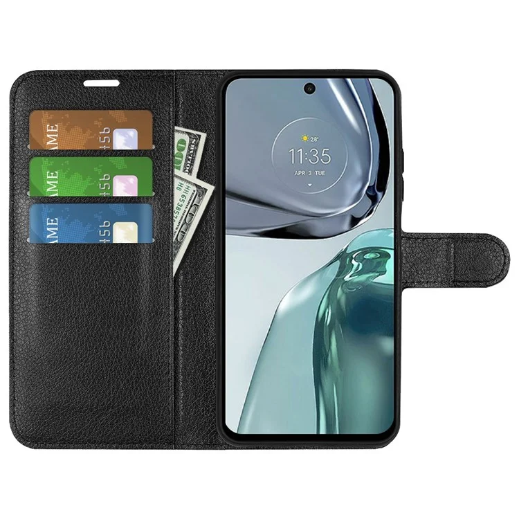 Wallet Cell Phone Case for Motorola Moto G62 5G, Scratch-resistant PU Leather Litchi Texture Stand Case Protective Cover - Black