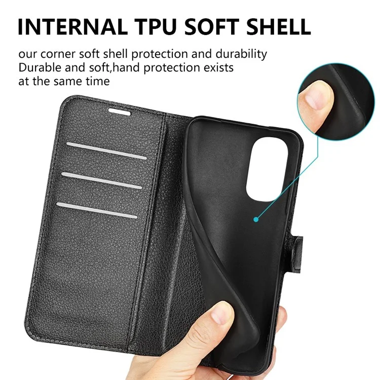 Wallet Cell Phone Case for Motorola Moto G62 5G, Scratch-resistant PU Leather Litchi Texture Stand Case Protective Cover - Black
