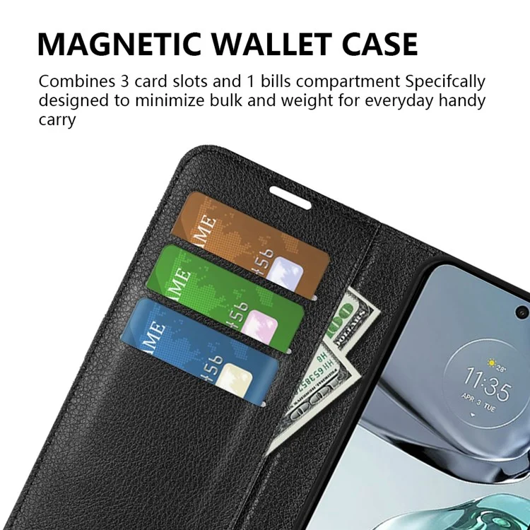 Wallet Cell Phone Case for Motorola Moto G62 5G, Scratch-resistant PU Leather Litchi Texture Stand Case Protective Cover - Black