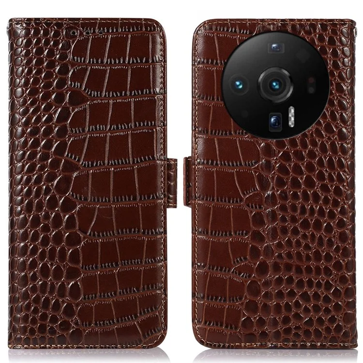 For Xiaomi 12S Ultra 5G Crocodile Texture Wallet Case Genuine Cowhide Leather RFID Blocking Stand Magnetic Folio Flip Cover - Brown