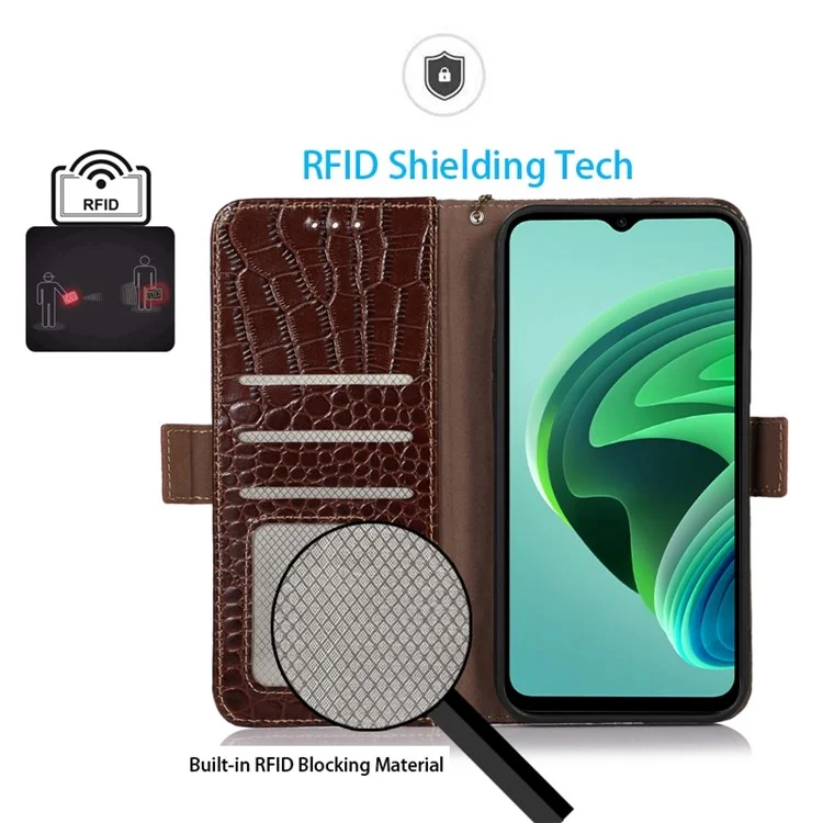 For Xiaomi 12S Ultra 5G Crocodile Texture Wallet Case Genuine Cowhide Leather RFID Blocking Stand Magnetic Folio Flip Cover - Brown