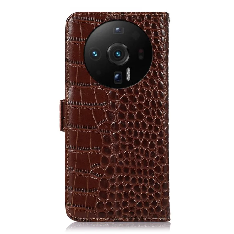 For Xiaomi 12S Ultra 5G Crocodile Texture Wallet Case Genuine Cowhide Leather RFID Blocking Stand Magnetic Folio Flip Cover - Brown