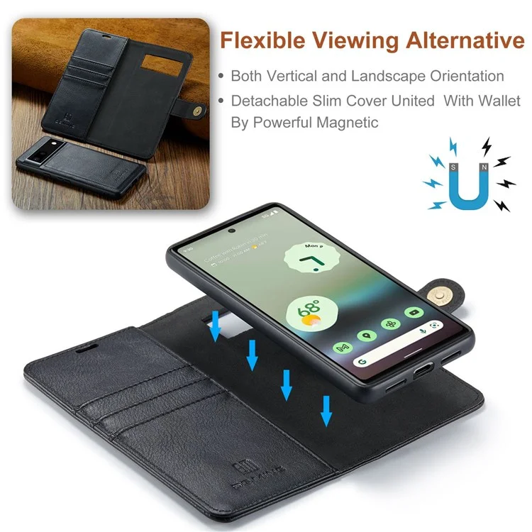 DG.MING For Google Pixel 6a Split Leather Wallet Stand Case Detachable 2-in-1 Phone Protective Cover - Black