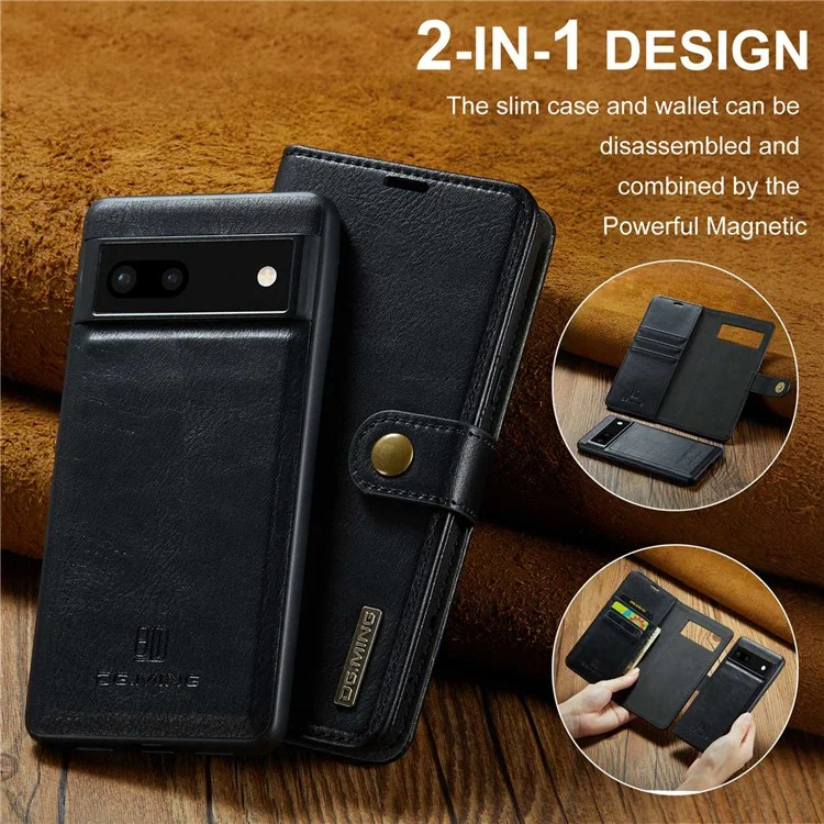 DG.MING For Google Pixel 6a Split Leather Wallet Stand Case Detachable 2-in-1 Phone Protective Cover - Black