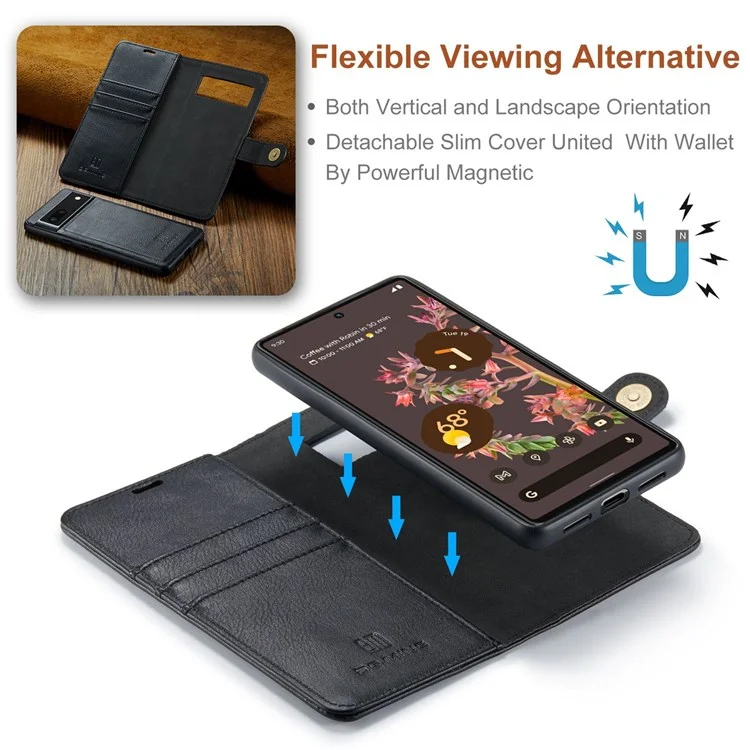 DG.MING For Google Pixel 7 5G Magnetic Absorption Split Leather Case Wallet Stand Detachable Phone Cover - Black