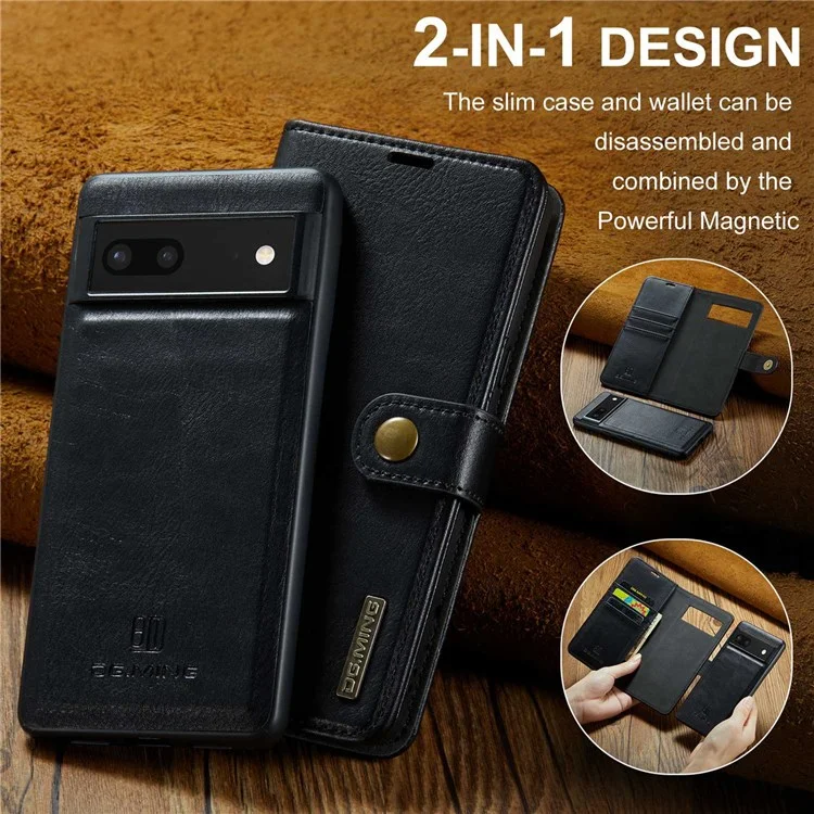 DG.MING For Google Pixel 7 5G Magnetic Absorption Split Leather Case Wallet Stand Detachable Phone Cover - Black