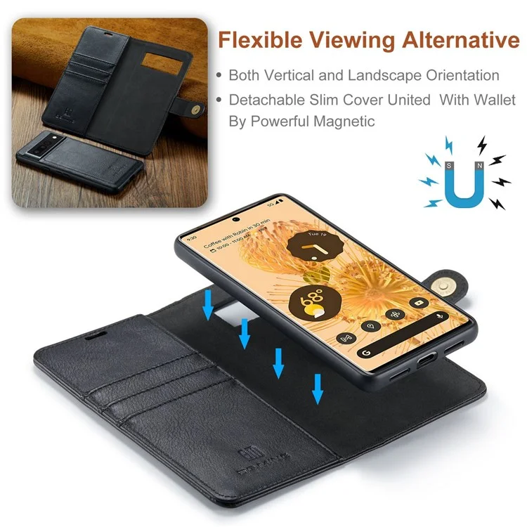DG.MING For Google Pixel 7 Pro 5G Detachable 2-in-1 Phone Case Split Leather Wallet Stand Drop-proof Protective Cover - Black