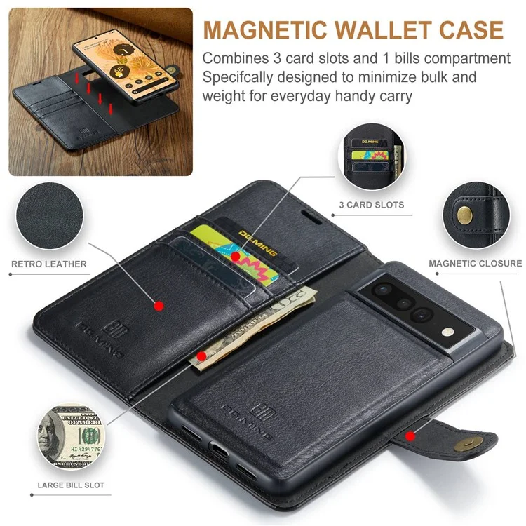 DG.MING For Google Pixel 7 Pro 5G Detachable 2-in-1 Phone Case Split Leather Wallet Stand Drop-proof Protective Cover - Black