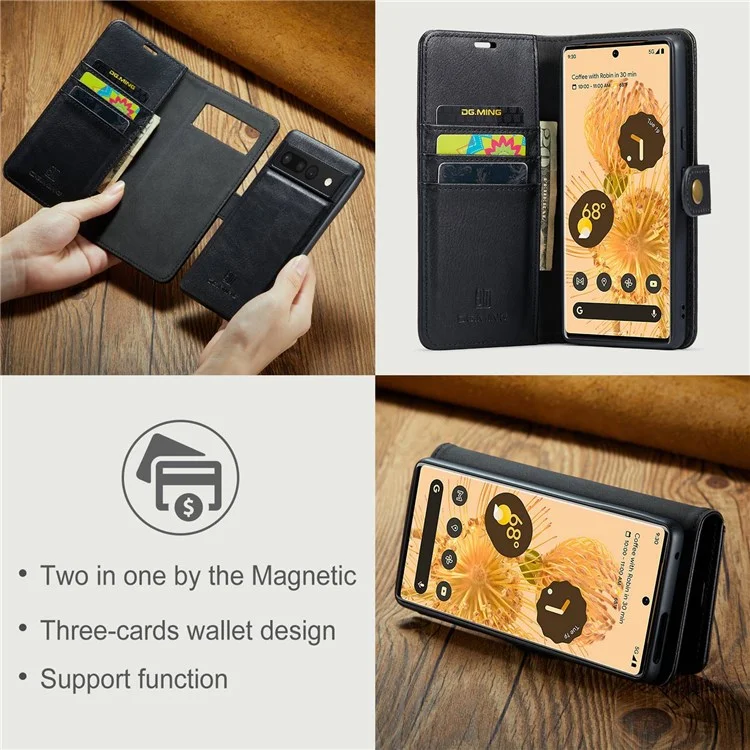 DG.MING For Google Pixel 7 Pro 5G Detachable 2-in-1 Phone Case Split Leather Wallet Stand Drop-proof Protective Cover - Black