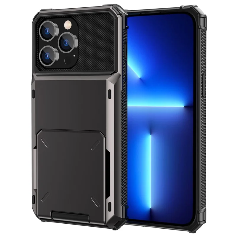 For iPhone 14 Pro Max 6.7 inch Anti-scratch TPU + PC Hybrid Phone Case Flip Card Holder Drop Resistant Phone Cover Protector - Black