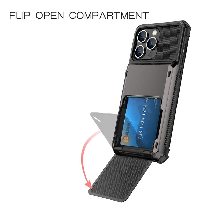 For iPhone 14 Pro Max 6.7 inch Anti-scratch TPU + PC Hybrid Phone Case Flip Card Holder Drop Resistant Phone Cover Protector - Black