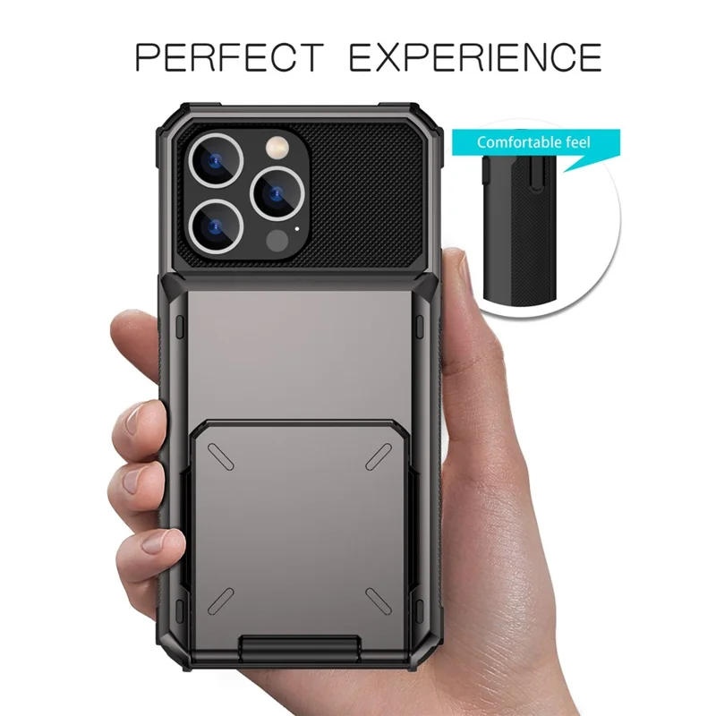 For iPhone 14 Pro Max 6.7 inch Anti-scratch TPU + PC Hybrid Phone Case Flip Card Holder Drop Resistant Phone Cover Protector - Black