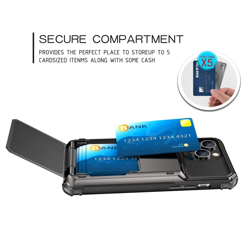 For iPhone 14 Pro Max 6.7 inch Anti-scratch TPU + PC Hybrid Phone Case Flip Card Holder Drop Resistant Phone Cover Protector - Black