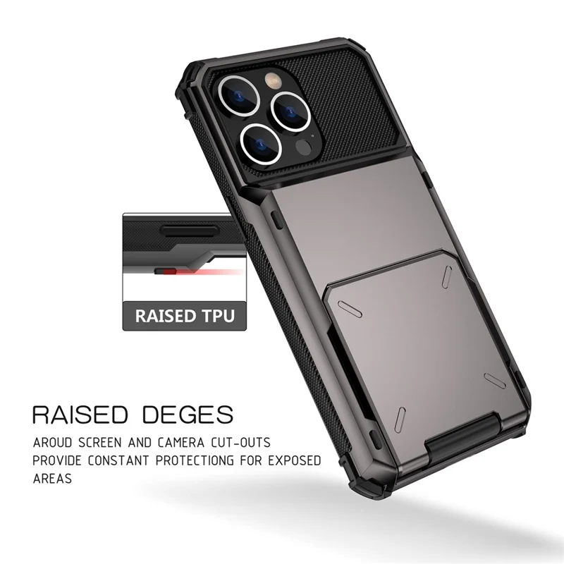 For iPhone 14 Pro Max 6.7 inch Anti-scratch TPU + PC Hybrid Phone Case Flip Card Holder Drop Resistant Phone Cover Protector - Black