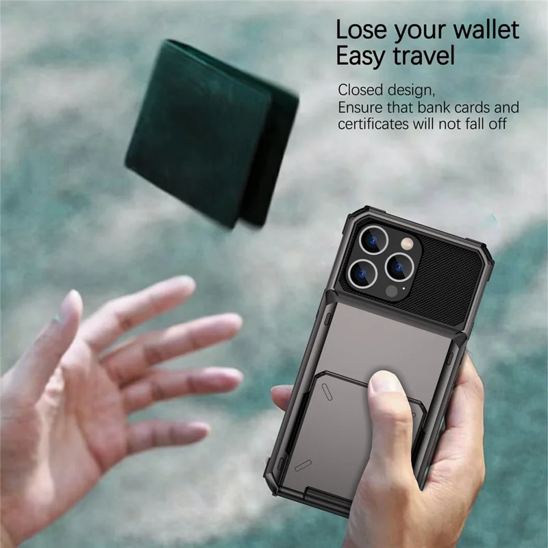 For iPhone 14 Pro Max 6.7 inch Anti-scratch TPU + PC Hybrid Phone Case Flip Card Holder Drop Resistant Phone Cover Protector - Black