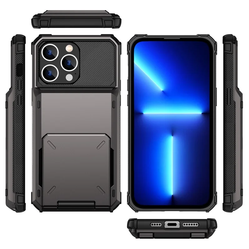 For iPhone 14 Pro Max 6.7 inch Anti-scratch TPU + PC Hybrid Phone Case Flip Card Holder Drop Resistant Phone Cover Protector - Black