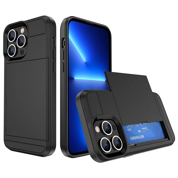 For iPhone 14 Pro Max 6.7 inch Anti-drop Phone Case with Sliding Cover Design Card Holder PC + TPU Hybrid Phone Shell - Black