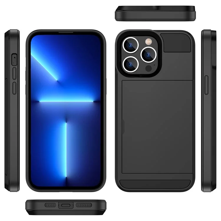 For iPhone 14 Pro Max 6.7 inch Anti-drop Phone Case with Sliding Cover Design Card Holder PC + TPU Hybrid Phone Shell - Black